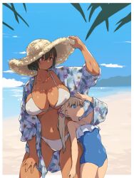 Rule 34 | 2girls, beach, bikini, blue eyes, blue one-piece swimsuit, blue shirt, blue sky, bow, breasts, brown hair, cloud, collarbone, commentary, covered navel, dark-skinned female, dark skin, day, hat, height difference, highres, kei (m k), large breasts, m k, multiple girls, ocean, one-piece swimsuit, open clothes, open shirt, original, outdoors, pink bow, red eyes, rika (m k), shirt, short hair, sky, small breasts, straw hat, swimsuit, tomboy, white bikini, yellow headwear
