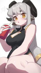 Rule 34 | 1girl, :o, blush, bolt (min lona), breasts, cleavage cutout, clothing cutout, drinking straw, glasses, grey hair, hata4564, highres, horns, long hair, looking down, medium breasts, open mouth, sweat, yellow eyes