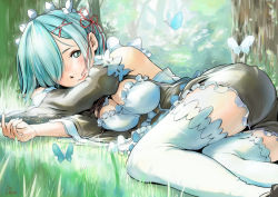 Rule 34 | 10s, 1girl, ass, bare shoulders, blue eyes, blue hair, blush, breasts, bug, butterfly, cleavage, closed mouth, day, detached sleeves, forest, grass, hair ornament, hair over one eye, hair ribbon, half-closed eyes, insect, legs, li (lithium0522), light smile, lips, looking at viewer, lying, maid, maid headdress, medium breasts, nature, off shoulder, outdoors, pink lips, re:zero kara hajimeru isekai seikatsu, rem (re:zero), ribbon, short hair, smile, solo, thighhighs, thighs, white thighhighs, x hair ornament