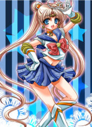 Rule 34 | 1990s (style), 1girl, adapted costume, bishoujo senshi sailor moon, blonde hair, blue background, blue dress, blue eyes, blue sailor collar, blue skirt, boots, bow, brooch, choker, double bun, dress, gloves, hair ornament, hairpin, jewelry, knee boots, long hair, mask, midriff, official alternate costume, pleated skirt, red bow, retro artstyle, ribbon, sailor collar, sailor moon, shirataki kaiseki, skirt, smile, solo, tiara, tsukino usagi, twintails, white gloves