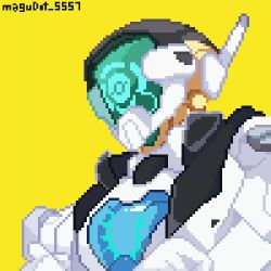 Rule 34 | 1boy, animated, antennae, artist name, blinking, blue eyes, clothed robot, humanoid robot, jacket, looking at viewer, magudot 5557, male focus, notice lines, official alternate costume, one-eyed, pixel art, regis (world flipper), robot, shirt, simple background, solo, sparkle, surprised, twitter username, upper body, video, watermark, white jacket, white shirt, world flipper, yellow background