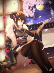 Rule 34 | 1girl, arm support, bad id, bad pixiv id, black kimono, black thighhighs, blush, breasts, brown hair, cherry blossom print, cherry blossoms, cup6542, feather boa, feet out of frame, floral print, flower, full moon, hair between eyes, hair bun, hair flower, hair ornament, hand up, highres, holding, holding smoking pipe, indoors, japanese clothes, kimono, kiseru, knees up, long hair, long sleeves, looking at viewer, medium breasts, moon, night, night sky, obi, open mouth, original, petals, red eyes, sash, shouji, sidelocks, single hair bun, sitting, sky, sliding doors, smile, smoke, smoking, smoking pipe, solo, star (sky), starry sky, tassel, thighhighs, wide sleeves