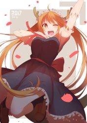 Rule 34 | 10s, 1girl, 2017, ;d, arm up, black socks, blue dress, blush, breasts, brown eyes, brown footwear, brown hair, dragon horns, dress, fang, finger to mouth, frilled sleeves, frills, gloves, horns, knees together feet apart, kobayashi-san chi no maidragon, legs up, long hair, looking at viewer, maid, maid headdress, matching hair/eyes, medium breasts, one eye closed, open mouth, outside border, puffy short sleeves, puffy sleeves, riki-to, shoes, short sleeves, slit pupils, smile, socks, solo, tail, tohru (maidragon), twintails, very long hair, white gloves