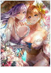 Rule 34 | 2girls, bare shoulders, bikini, blonde hair, blue eyes, blush, breast press, breasts, cleavage, collarbone, dress, dress swimsuit, elbow gloves, europa (granblue fantasy), europa (summer) (granblue fantasy), flower, gabriel (granblue fantasy), gloves, granblue fantasy, hair between eyes, hair flower, hair ornament, hat, highres, large breasts, long hair, looking at viewer, multiple girls, navel, parted lips, pink hair, short hair, signo aaa, smile, straw hat, sun hat, swimsuit, tiara, unaligned breasts, white bikini, white dress