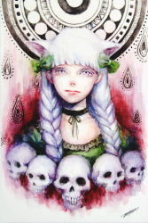Rule 34 | 1girl, albino, albino (vocaloid), blunt bangs, braid, cat, choker, clock, cropped torso, expressionless, johnalay, kaenbyou rin, looking at viewer, painting (medium), pink eyes, signature, skull, solo, touhou, traditional media, twin braids, upper body, vocaloid, watercolor (medium), white hair