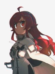 Rule 34 | 1girl, ahoge, black gloves, black hairband, cape, coat, commentary, crossed arms, dated, english commentary, eris greyrat, frown, gloves, hairband, highres, long hair, looking away, mushoku tensei, porforever, red eyes, red hair, sheath, sheathed, sidelocks, signature, simple background, solo, sword, thick eyebrows, weapon, white background, white cape, white coat