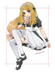 Rule 34 | 1girl, alternate costume, apron, black dress, black eyes, blonde hair, closed mouth, commentary request, creatures (company), dress, enmaided, game freak, index finger raised, long hair, looking at viewer, maid, maid headdress, nintendo, pokemon, pokemon xy, puffy short sleeves, puffy sleeves, rain (tonight 862), serena (pokemon), short sleeves, simple background, smile, solo, thighhighs, twitter username, waist apron, white apron, white background, white thighhighs, wrist cuffs