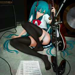 Rule 34 | 1girl, amplifier, aqua eyes, aqua hair, arm support, beamed quavers, bow, bowtie, electric guitar, feet, guitar, haruken (pixiv 148902), hatsune miku, highres, instrument, kocchi muite baby (vocaloid), legs, loafers, long hair, musical note, project diva (series), project diva 2nd, sheet music, shoes, sitting, skirt, solo, speaker, thighhighs, treble clef, twintails, very long hair, vocaloid