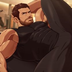 Rule 34 | 1boy, armpit hair, armpit peek, bara, bare shoulders, beard, black shirt, bulge, chest hair, chris redfield, covered abs, crestren, facial hair, hand on own head, highres, large pectorals, looking at viewer, lying, male focus, mature male, muscular, muscular male, on back, paid reward available, pectorals, resident evil, resident evil 5, paid reward available, shirt, short hair, sideburns, sidepec, sleeveless, sleeveless shirt, smile, smirk, solo, spread legs, stubble, taut clothes, taut shirt, thighs, yaoi