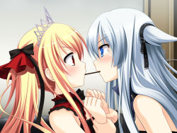 Rule 34 | 2girls, bare shoulders, blonde hair, bloody rondo, blue eyes, blush, food, game cg, holding another&#039;s wrist, linette vance, long hair, luna freed queen, lynette vance, makita maki, multiple girls, pocky, pocky kiss, profile, red eyes, shared food, silver hair, tiara, twintails, yuri