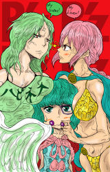Rule 34 | 3girls, anger vein, angry, aqua hair, between breasts, breasts, clothes writing, dress, english text, feathered wings, food, fruit, glaring, grapes, green hair, harpy, head between breasts, long hair, monet (one piece), monocle, monster girl, multi-tied hair, multiple girls, one piece, pink hair, polka dot, polka dot dress, rebecca (one piece), short hair, siblings, sisters, sugar (one piece), winged arms, wings