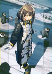 Rule 34 | 1girl, arknights, backpack, bag, bird, bird mask, black coat, boots, breasts, brown hair, coat, crescent, crescent earrings, cross-laced footwear, day, earrings, glint, gloves, hair between eyes, highres, ice, ice floe, jewelry, long sleeves, looking at viewer, magallan (arknights), mask, mask around neck, multicolored hair, nekoemonn, open mouth, outdoors, penguin, shadow, short hair, small breasts, smile, solo, straight hair, strap, streaked hair, two-tone hair, water, white gloves, white hair, yellow eyes