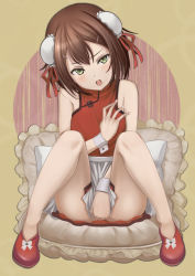 Rule 34 | 1boy, androgynous, apron, baka to test to shoukanjuu, blush, china dress, chinese clothes, covering privates, covering crotch, crossdressing, double bun, dress, frilled pillow, frills, green eyes, kinoshita hideyoshi, looking at viewer, male focus, pillow, shiokonbu, sitting, solo, spread legs, trap