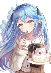 Rule 34 | 1girl, absurdres, ahoge, aran sweater, black bow, black bowtie, blue flower, blue hair, blush, bow, bowtie, cable knit, cake, cardigan, commentary request, dress, flower, food, fork, fruit, hair between eyes, happy birthday, highres, holding, holding cake, holding food, holding fork, holding plate, hololive, hutaba miyagi, long hair, looking at viewer, plate, pointy ears, sailor collar, sailor dress, simple background, solo, strawberry, sweater, utensil in mouth, virtual youtuber, white background, white cardigan, white sailor collar, yellow eyes, yukihana lamy, yukihana lamy (casual)