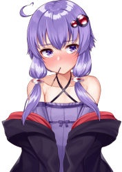 Rule 34 | 1girl, ahoge, black hoodie, blush, closed mouth, collarbone, criss-cross halter, dress, food, hair between eyes, hair ornament, halter dress, halterneck, highres, hood, hoodie, long sleeves, mouth hold, open clothes, open hoodie, pocky, pocky day, purple dress, purple eyes, purple hair, short hair with long locks, simple background, solo, tenneko yuuri, upper body, vocaloid, voiceroid, white background, yuzuki yukari
