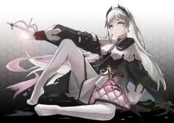 Rule 34 | 1girl, absurdres, arknights, arm support, belt, black gloves, closed mouth, earrings, food, front-seamed legwear, full body, gloves, glowing, glowing weapon, gradient background, grey background, grey eyes, grey hair, gun, head wings, highres, holding, holding food, honeycomb (pattern), honeycomb background, irene (arknights), jewelry, knee up, layered skirt, lens flare, long hair, long sleeves, looking at viewer, no shoes, outstretched arm, pantyhose, pink skirt, puffy long sleeves, puffy sleeves, scar, scar across eye, scar on face, seamed legwear, sheath, sheathed, sitting, skirt, spread legs, very long hair, weapon, white pantyhose, white skirt, wings, yzbr