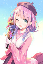 Rule 34 | 1girl, ;d, beret, blush, braid, cowboy shot, fur scarf, furisode, gloves, gradient hair, green eyes, hair over shoulder, hat, highres, himemori luna, himemori luna (new year), hololive, japanese clothes, kimono, long hair, looking at viewer, mogmog, multicolored hair, new year, official alternate costume, one eye closed, open mouth, pink hair, pink kimono, purple hair, shirt, smile, solo, twin braids, virtual youtuber, white gloves, white shirt