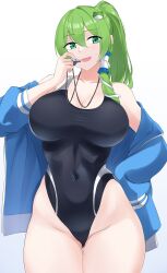 Rule 34 | 1girl, absurdres, black one-piece swimsuit, blue jacket, breasts, collarbone, competition swimsuit, covered navel, frog hair ornament, green eyes, green hair, hair ornament, hair tubes, highleg, highleg swimsuit, highres, ibuki grunt, jacket, kochiya sanae, large breasts, long hair, long sleeves, looking at viewer, multicolored clothes, multicolored swimsuit, one-piece swimsuit, open clothes, open jacket, open mouth, ponytail, simple background, smile, snake hair ornament, solo, standing, swimsuit, touhou, track jacket, two-tone swimsuit, whistle, whistle around neck, white background, white one-piece swimsuit
