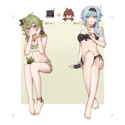 Rule 34 | 3girls, alternate costume, amber (genshin impact), asymmetrical hair, bare legs, bare shoulders, barefoot, black gloves, black hairband, blue hair, blush, breasts, choker, cleavage, closed mouth, collei (genshin impact), cuilein-anbar (genshin impact), eula (genshin impact), food, full body, genshin impact, gloves, green hair, hair between eyes, hairband, hand on own face, highres, holding, holding food, holding ice cream, ice cream, jewelry, looking at viewer, medium breasts, medium hair, multiple girls, necklace, purple eyes, scrunchie, single glove, single strap, small breasts, swimsuit, syall, thigh strap, toes, wrist scrunchie, yellow scrunchie