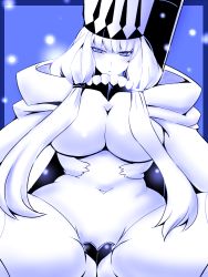 Rule 34 | 10s, 1girl, abyssal ship, blue eyes, breasts, cape, colored skin, hair censor, hair over breasts, hat, huge breasts, kantai collection, long hair, northern water princess, sako (bosscoffee), sidelocks, solo, white hair, white skin