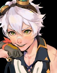 Rule 34 | 1boy, armband, bandaid, bandaid on face, bennett (genshin impact), bishounen, determined, genshin impact, gloves, green eyes, hand up, highres, kudsnk, male focus, red armband, scar, scar on arm, scar on face, short hair, smile, solo, upper body, white hair
