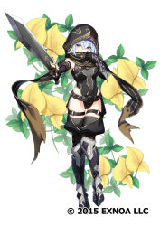 Rule 34 | 1girl, armor, belt, black thighhighs, breasts, covered navel, flower knight girl, gauntlets, greaves, grey hair, gunblade, highres, holding, holding weapon, hood, leotard, looking at viewer, medium breasts, meth (emethmeth), official art, purple eyes, scarf, short hair, solo, thigh strap, thighhighs, weapon