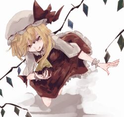Rule 34 | 1girl, blonde hair, crystal, dress, fingernails, flandre scarlet, hair over one eye, hat, highres, looking at viewer, mob cap, one-hour drawing challenge, red dress, red eyes, sharp fingernails, simple background, solo, totopepe888, touhou, upturned eyes, white background, wings