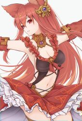 1girl animal_ears anthuria breasts cleavage clothing_cutout cowboy_shot detached_sleeves erune granblue_fantasy harechiuten highres long_hair medium_breasts navel_cutout red_eyes red_hair smile solo very_long_hair