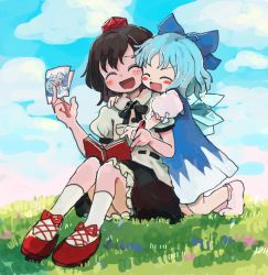 Rule 34 | 2girls, :d, ^ ^, black hair, black ribbon, blue bow, blue dress, blue hair, blush, book, bow, cirno, closed eyes, cloud, cloudy sky, collared shirt, commentary, commission, drawing (object), dress, footwear ribbon, grass, hair bow, hat, holding, hug, hug from behind, ice, ice wings, leaning on person, marker, multiple girls, neck ribbon, open mouth, puffy short sleeves, puffy sleeves, red footwear, red headwear, red ribbon, ribbon, ribbon trim, rome35793562, shameimaru aya, shirt, shoes, short hair, short sleeves, sitting, skeb commission, sky, smile, tokin hat, touhou, v, white legwear, white shirt, wings