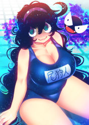Rule 34 | 1girl, @ @, alternate costume, artist name, bare shoulders, black eyes, black hair, blue background, blue one-piece swimsuit, blush, breasts, cleavage, closed mouth, clothes writing, collarbone, creatures (company), fangs, female focus, from above, game freak, gastly, gen 1 pokemon, ghost, hair between eyes, hairband, hakkasame, happy, hex maniac (pokemon), highres, indoors, japanese text, large breasts, long hair, looking at viewer, looking up, messy hair, nintendo, nose blush, npc trainer, one-piece swimsuit, open mouth, plump, pokemon, pokemon (creature), pokemon xy, pool, purple eyes, purple hairband, signature, sitting, smile, solo focus, swimsuit, thick thighs, thighs, translation request, twitter username, very long hair