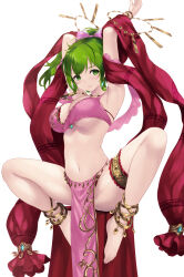 Rule 34 | 1girl, anklet, armpits, arms up, barefoot, bouncing breasts, bow, bracelet, breasts, cait aron, cleavage, closed mouth, dancer, earrings, fire emblem, fire emblem: genealogy of the holy war, full body, green eyes, green hair, hair bow, highres, jewelry, large breasts, lene (fire emblem), long hair, looking at viewer, navel, necklace, nintendo, pink bow, ponytail, revealing clothes, simple background, smile, solo, spread legs, stomach, thighlet, underboob, white background
