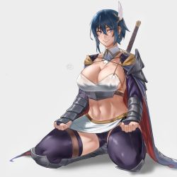 Rule 34 | 1girl, abs, armor, armored boots, artist name, bike shorts, black thighhighs, blue cape, blue hair, boots, breasts, bridal gauntlets, cape, cleavage, collarbone, dated commentary, detached collar, earrings, eyebrows hidden by hair, full body, groin, hair between eyes, hair ornament, highres, hunyan, jewelry, large breasts, looking at viewer, midriff, navel, original, parted lips, red cape, revealing clothes, shadow, short hair, shoulder armor, sidelocks, simple background, sitting, skirt, smile, solo, sword, sword behind back, thighhighs, two-tone cape, vambraces, wariza, weapon, weapon on back, white background, white skirt
