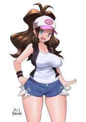 Rule 34 | 1girl, :d, achromaru, alternate breast size, baseball cap, blue eyes, breasts, brown hair, cleavage, creatures (company), curly hair, denim, denim shorts, game freak, hat, high ponytail, highres, hilda (pokemon), large breasts, long hair, looking at viewer, nintendo, open mouth, pokemon, pokemon bw, ponytail, short shorts, shorts, sidelocks, smile, solo, teeth, tongue, upper teeth only
