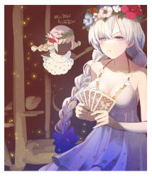 Rule 34 | 1girl, anastasia (fate), anastasia (swimsuit archer) (fate), anastasia (swimsuit archer) (second ascension) (fate), braid, breasts, card, cleavage, dated, doll, dress, fate/grand order, fate (series), head wreath, kintotomaturi, long hair, medium breasts, playing card, pout, signature, sundress, twin braids, viy (fate), white hair