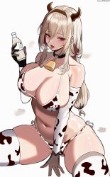 Rule 34 | 1girl, absurdres, animal print, aponia (honkai impact), aponihyo, artist name, bell, bikini, black choker, blue eyes, bottle, breasts, brown gloves, brown hair, choker, collarbone, commentary, cow horns, cow print, cow print bikini, cow print thighhighs, cowbell, elbow gloves, english commentary, gloves, highres, honkai (series), honkai impact 3rd, horns, huge breasts, long hair, looking at viewer, milk, milk bottle, mixed-language commentary, navel, neck bell, open mouth, print bikini, print thighhighs, side-tie bikini bottom, sitting, solo, swimsuit, thighhighs, thighs, tongue, tongue out, white bikini, white thighhighs