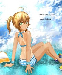 Rule 34 | 1girl, bikini, brown hair, cloud, food, green eyes, hat, ice cream, leia rolando, looking at viewer, looking back, one-piece tan, outdoors, ponytail, shoes, short hair, sky, solo, swimsuit, tales of (series), tales of xillia, tan, tanline