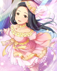 Rule 34 | 10s, 1girl, artist request, bare shoulders, black hair, bow, brown eyes, butterfly wings, card (medium), choker, collarbone, dress, frills, hat, idolmaster, idolmaster cinderella girls, insect wings, long hair, looking at viewer, microphone, official art, open mouth, pink dress, sena shiori (idolmaster), smile, solo, wings