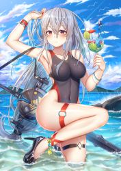 Rule 34 | 1girl, absurdres, arknights, arm up, armpits, bare arms, bare legs, bare shoulders, black footwear, black one-piece swimsuit, blue sky, blush, breasts, cloud, commentary, competition swimsuit, covered navel, cup, cupping glass, day, drinking straw, food, fruit, hair between eyes, high heels, highres, holding, holding cup, kishita yuu, lime (fruit), lime slice, long hair, looking at viewer, low-tied long hair, medium breasts, no headwear, o-ring, ocean, one-piece swimsuit, parted lips, red eyes, silver hair, skadi (arknights), sky, solo, swimsuit, sword, thigh strap, thighs, very long hair, water, weapon