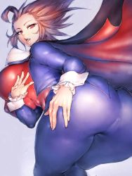 Rule 34 | 1girl, ahoge, ass, bent over, blue background, breasts, brown hair, cameltoe, cape, commentary request, cuffs, demitri maximoff, fangs, fumio (rsqkr), genderswap, genderswap (mtf), highres, huge breasts, large breasts, looking at viewer, looking back, red eyes, short hair, solo, thighs, vampire (game)