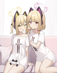 Rule 34 | 2girls, absurdres, animal ear headphones, animal ears, blonde hair, blue archive, bow, collarbone, controller, fake animal ears, game controller, green eyes, green halo, hair bow, halo, headphones, highres, md5 mismatch, midori (blue archive), momoi (blue archive), multiple girls, nagisa (cxcx5235), pink halo, red bow, red eyes, shirt, short hair, short sleeves, siblings, sisters, sitting, twins, white shirt