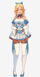 Rule 34 | 1girl, blonde hair, blue footwear, commentary request, dark-skinned female, dark skin, detached sleeves, full body, garter straps, gloves, grey background, highres, hololive, long hair, looking at viewer, multicolored hair, open mouth, pointy ears, red eyes, sakumichi, shiranui flare, shiranui flare (1st costume), shoes, simple background, skirt, smile, solo, standing, streaked hair, thighhighs, virtual youtuber, white gloves, white hair, white skirt, white sleeves, white thighhighs