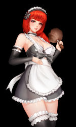 Rule 34 | 1girl, apron, bare shoulders, black background, black bow, black dress, black thighhighs, blunt bangs, blush, bow, bra, breasts, choker, copyright request, cowboy shot, detached collar, detached sleeves, dress, duster, eyeshadow, frilled apron, frilled choker, frilled dress, frilled thighhighs, frills, hair bow, hand on own stomach, head tilt, highres, holding, long hair, long sleeves, looking at viewer, maid, maid apron, maid headdress, makeup, mascara, medium breasts, no bra, parted lips, red eyes, red hair, ribbon-trimmed bra, ribbon-trimmed legwear, ribbon-trimmed sleeves, ribbon trim, short dress, simple background, smile, solo, strapless, strapless dress, thighhighs, underwear, w ruwaki, waist apron, white bra, zettai ryouiki