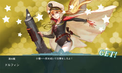 Rule 34 | 10s, 1girl, blonde hair, cape, gun, handgun, hat, jeanex, kantai collection, long hair, mecha musume, original, pacific (kancolle), pantyhose, personification, red eyes, revolver, scarf, single leg pantyhose, solo, thighhighs, uss dolphin (ss-169), weapon