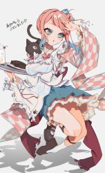 Rule 34 | 1girl, :o, absurdres, animal, animal on shoulder, anklet, apron, arm up, black cat, blue eyes, blue hair, blue skirt, blush, bow, bowtie, breasts, cake, cat, cat on shoulder, character request, cherry, chocolate cake, copyright request, cup, dress, earrings, floating, food, frilled apron, frilled sleeves, frills, fruit, grey background, hamita (rikopin ika), hand on forehead, highres, holding, holding plate, jewelry, leg lift, long sleeves, looking ahead, medium breasts, milk, multicolored hair, parted lips, patterned clothing, paw print, pink hair, plate, platform footwear, pleated skirt, red bow, red bowtie, ring, shadow, short hair, sidelocks, simple background, skirt, socks, solo, strap, streaked hair, waitress, white apron, white socks, yellow eyes