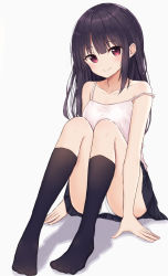 Rule 34 | 1girl, akipeko, ass, bad id, bad pixiv id, bare arms, bare shoulders, black hair, black skirt, black socks, breasts, camisole, collarbone, commentary request, highres, kneehighs, knees up, long hair, looking at viewer, miniskirt, no shoes, original, panties, pleated skirt, red eyes, shadow, shirt, sidelocks, simple background, sitting, skirt, small breasts, smile, socks, solo, spaghetti strap, strap slip, underwear, white background, white panties, white shirt