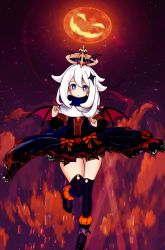 Rule 34 | 3d, absurdres, blue eyes, custom maid 3d 2, dress, frilled dress, frills, genshin impact, halloween, halloween costume, halo, highres, looking at viewer, lulu (rayagujack), moon, night, night sky, open mouth, paimon (genshin impact), pumpkin, red ribbon, ribbon, short hair, sky, solo, white hair, witch
