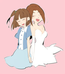 Rule 34 | 2girls, aqua skirt, blue vest, breasts, brown hair, crayon shin-chan, dress, closed eyes, female focus, flat color, happy, kaneari tamiko, multiple girls, namauni, outline, side ponytail, simple background, skirt, tsubaki (crayon shin-chan), vest, wedding dress, white outline