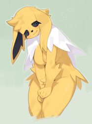 Rule 34 | 1girl, animal ears, black sclera, body fur, breasts, closed mouth, colored sclera, completely nude, creatures (company), furry, furry female, game freak, gen 1 pokemon, green background, highres, jolteon, kame (3t), looking at viewer, medium breasts, nintendo, nude, pokemon, pokemon (creature), smile, solo, yellow fur