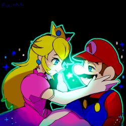 Rule 34 | 1boy, 1girl, blonde hair, blue eyes, brown hair, crown, dress, earrings, face-to-face, facial hair, gloves, hat, jewelry, long hair, looking at another, mario, mario (series), mustache, nintendo, overalls, pink dress, princess peach, smile, super mario bros. 1