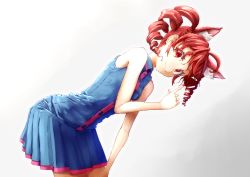 Rule 34 | 1girl, animal ears, bare shoulders, bent over, blue shirt, blue skirt, cat ears, commentary, cowboy shot, drill hair, from side, hand on own thigh, index finger raised, kasane teto, looking at viewer, looking to the side, nail polish, red hair, red nails, reitonhakase, shirt, short hair, sidelighting, skirt, sleeveless, sleeveless shirt, smile, solo, twin drills, utau